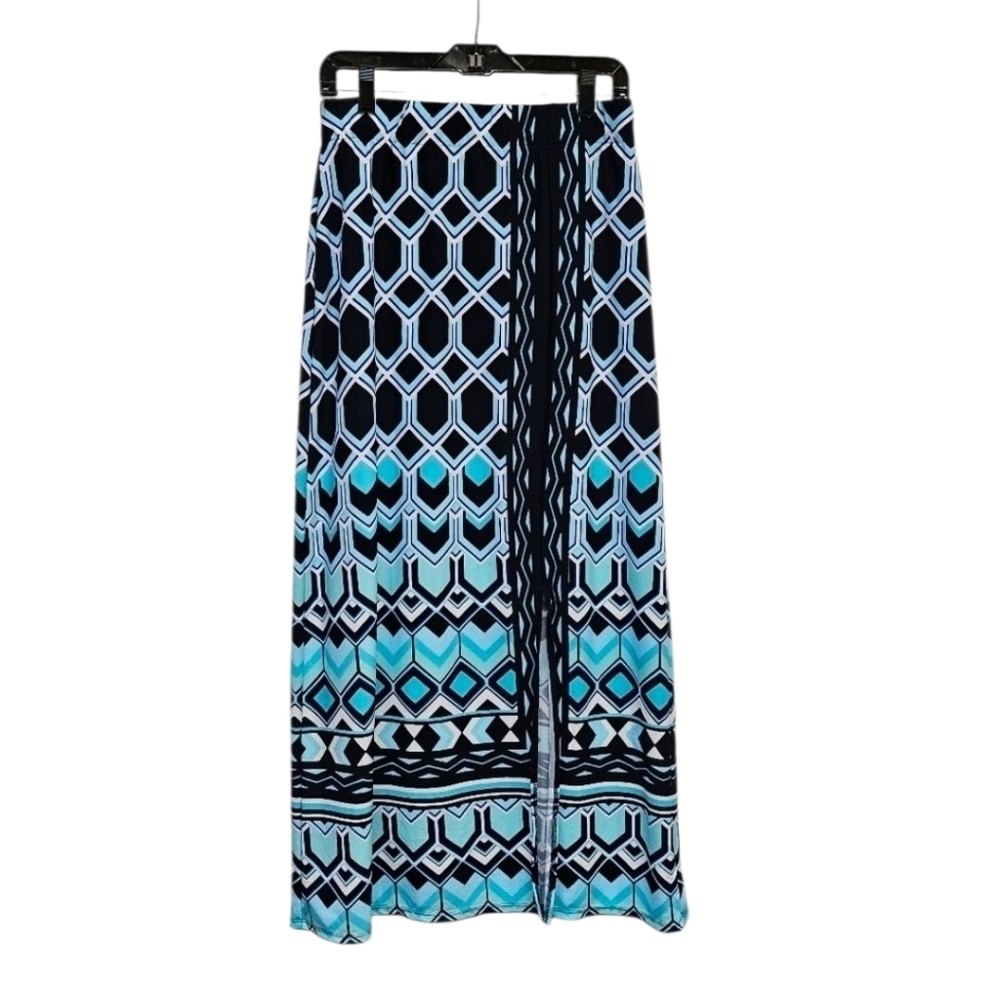 Chico's Side Slit Pull On Maxi Skirt Geometric Pattern in Blue & White Size S